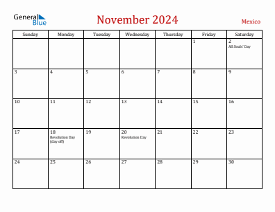 Current month calendar with Mexico holidays for November 2024