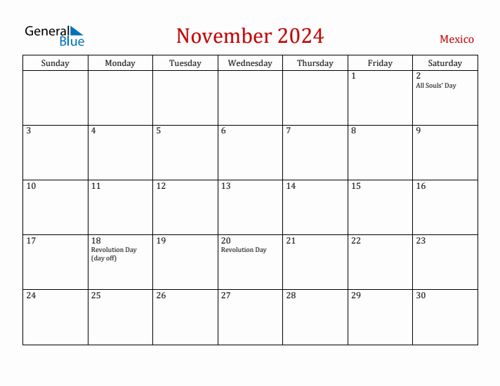 Mexico November 2024 Calendar - Sunday Start