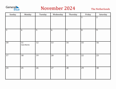 Current month calendar with The Netherlands holidays for November 2024