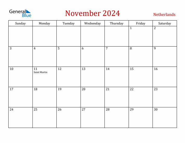 Netherlands November 2024 Calendar - Sunday Start