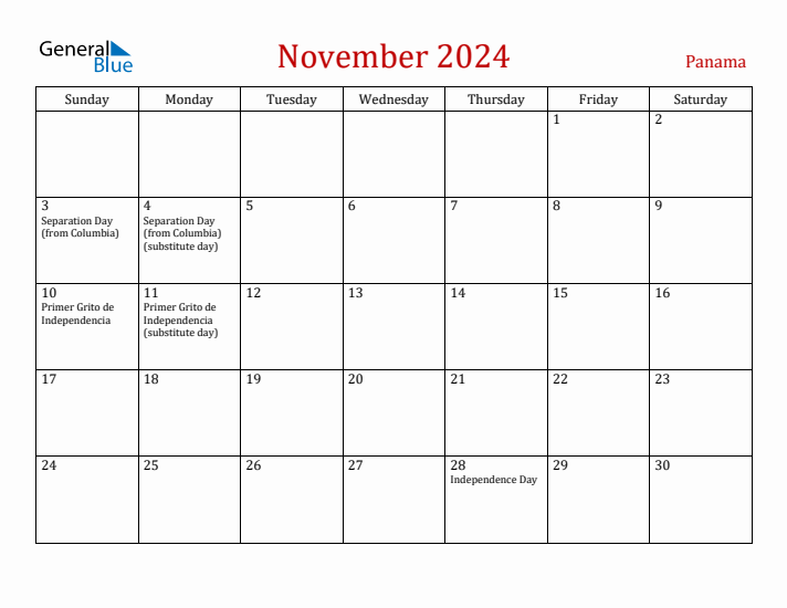 Panama November 2024 Calendar - Sunday Start