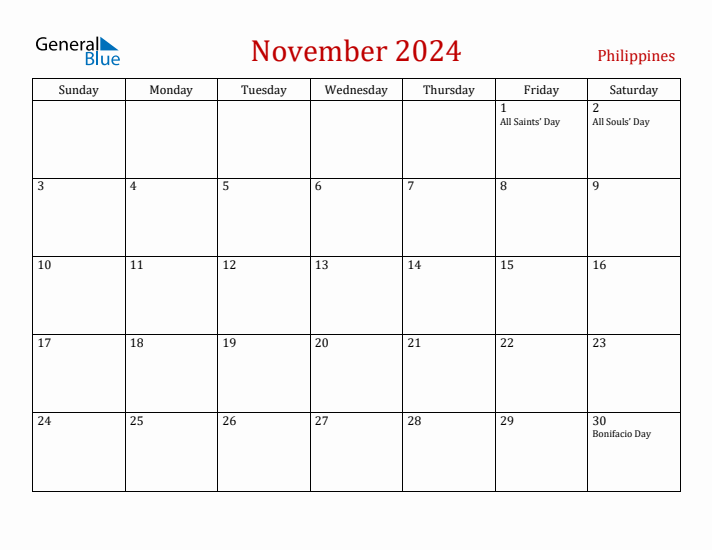 Philippines November 2024 Calendar - Sunday Start