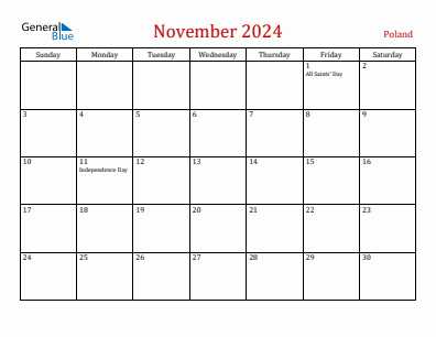 Current month calendar with Poland holidays for November 2024