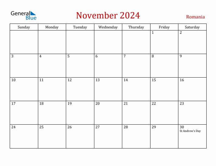 Romania November 2024 Calendar - Sunday Start