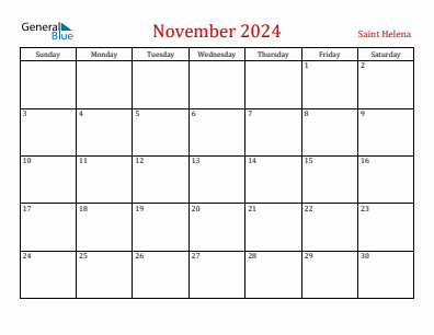 Current month calendar with Saint Helena holidays for November 2024