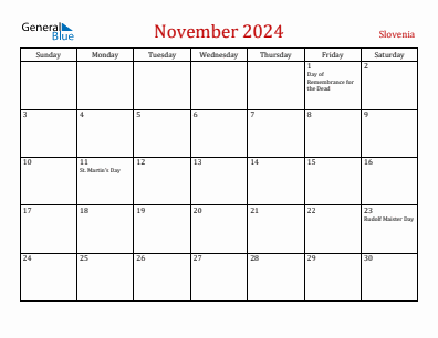 Current month calendar with Slovenia holidays for November 2024