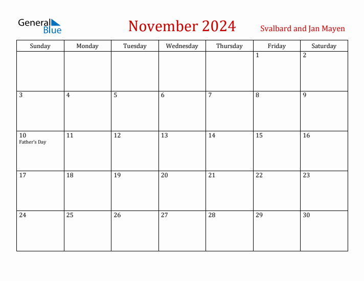 Svalbard and Jan Mayen November 2024 Calendar - Sunday Start