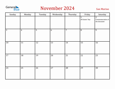 Current month calendar with San Marino holidays for November 2024