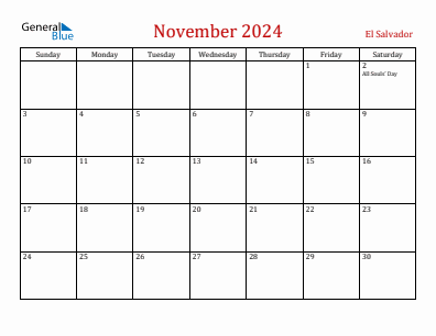 Current month calendar with El Salvador holidays for November 2024