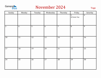 Current month calendar with Togo holidays for November 2024