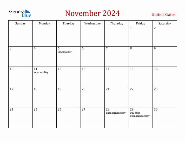 United States November 2024 Calendar - Sunday Start