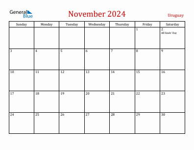 Current month calendar with Uruguay holidays for November 2024