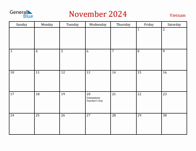 Current month calendar with Vietnam holidays for November 2024