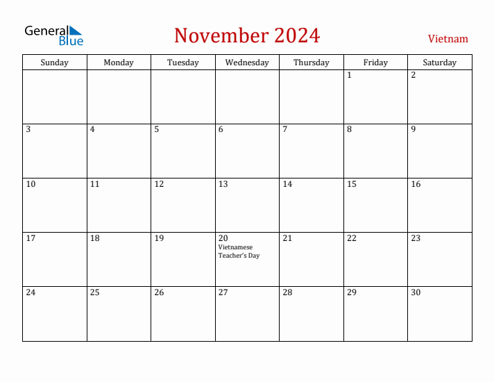 Vietnam November 2024 Calendar - Sunday Start