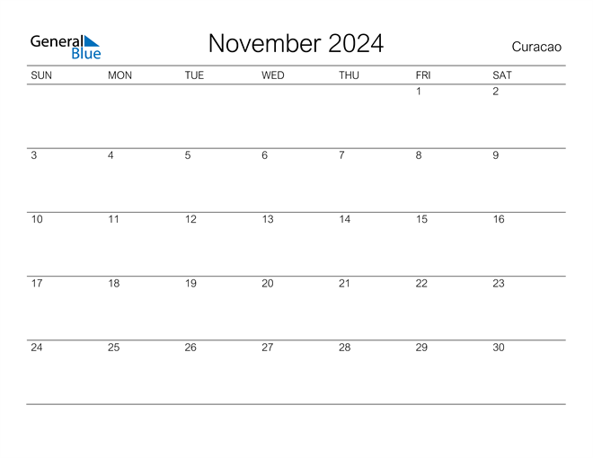 Printable November 2024 Calendar for Curacao