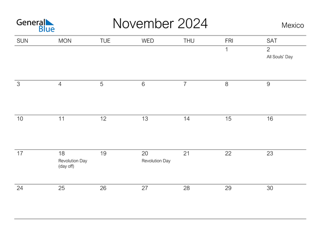 Printable November 2024 Calendar for Mexico