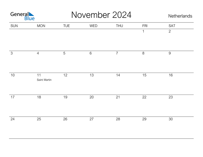 Printable November 2024 Calendar for Netherlands