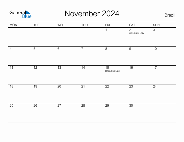 Printable November 2024 Calendar for Brazil