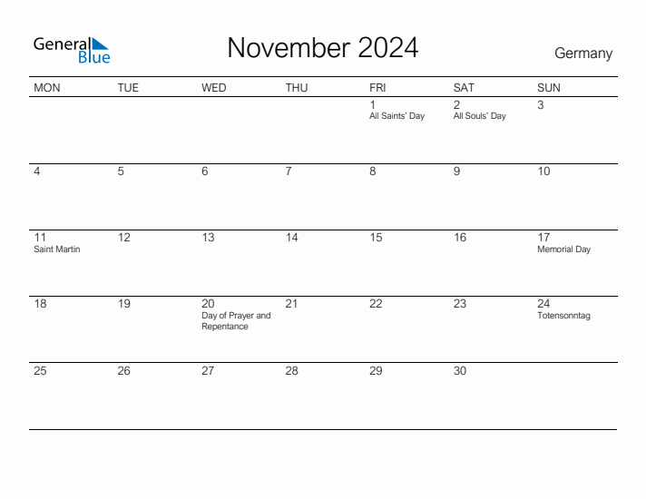 Printable November 2024 Calendar for Germany