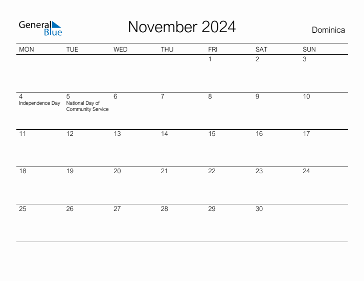 November 2024 Dominica Monthly Calendar With Holidays