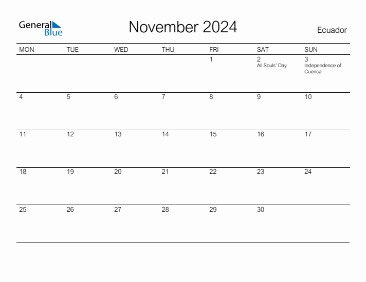 Printable November 2024 Calendar for Ecuador