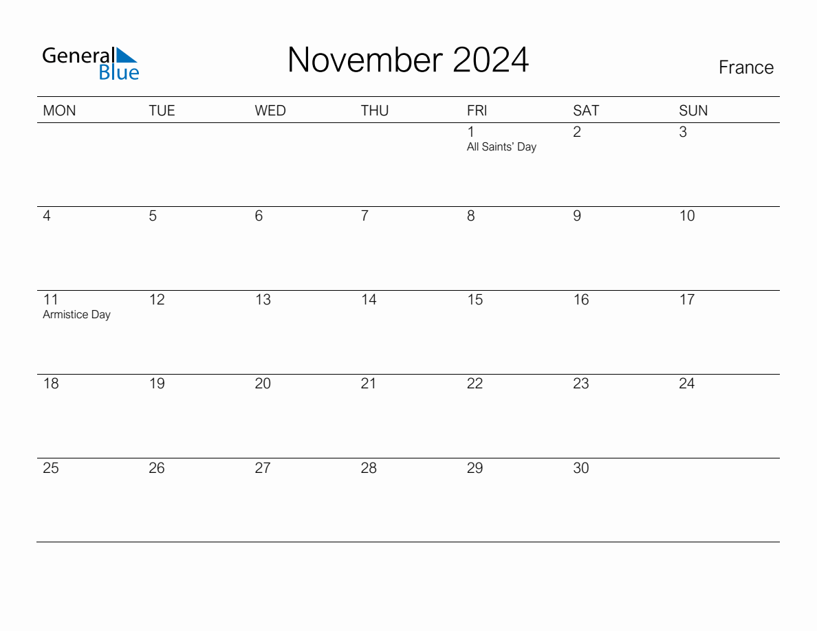 Printable November 2024 Monthly Calendar with Holidays for France