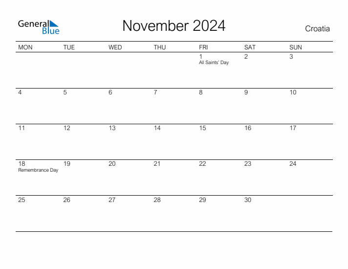 Printable November 2024 Calendar for Croatia