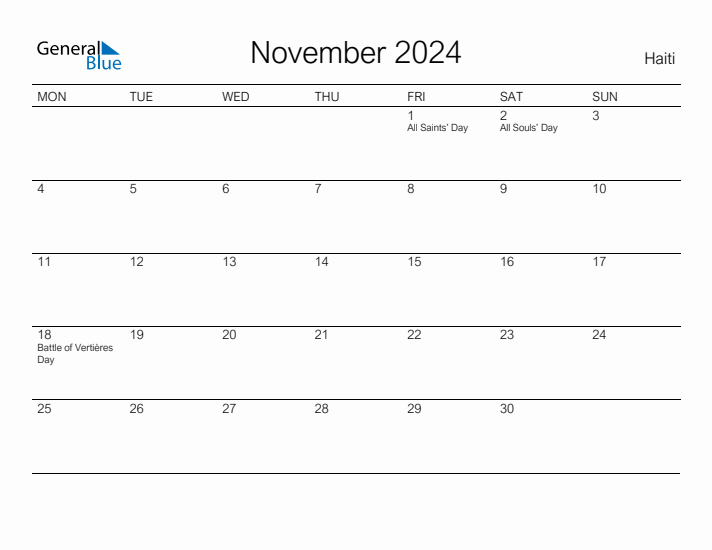 Printable November 2024 Calendar for Haiti