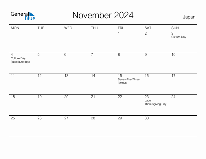Printable November 2024 Calendar for Japan