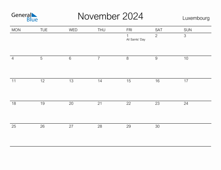 Printable November 2024 Calendar for Luxembourg
