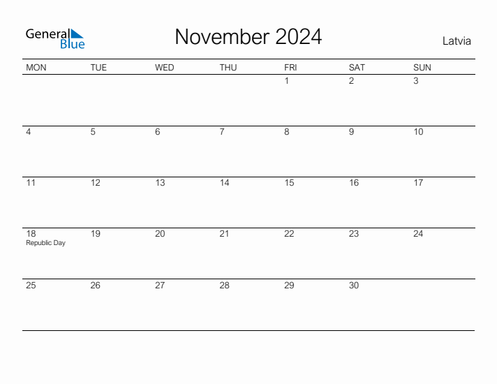 Printable November 2024 Calendar for Latvia