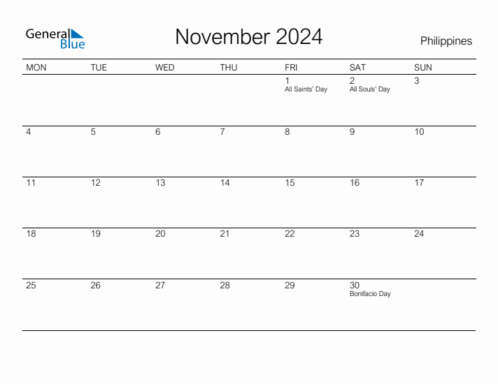 Printable November 2024 Monthly Calendar with Holidays for Philippines