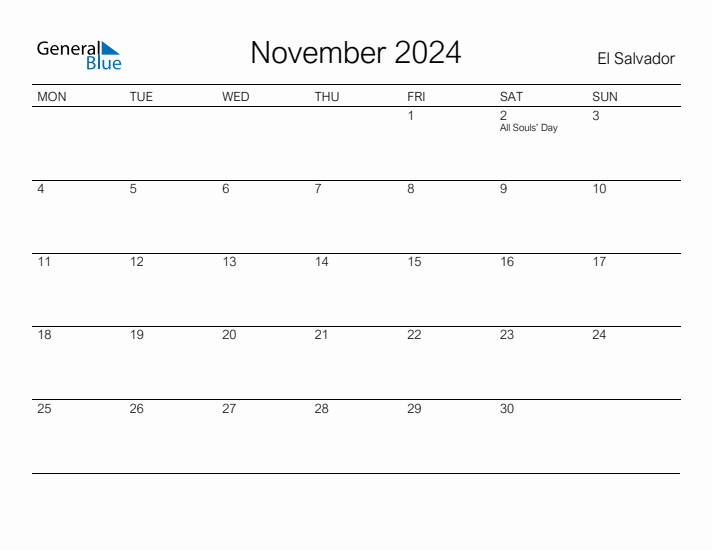 Printable November 2024 Calendar for El Salvador