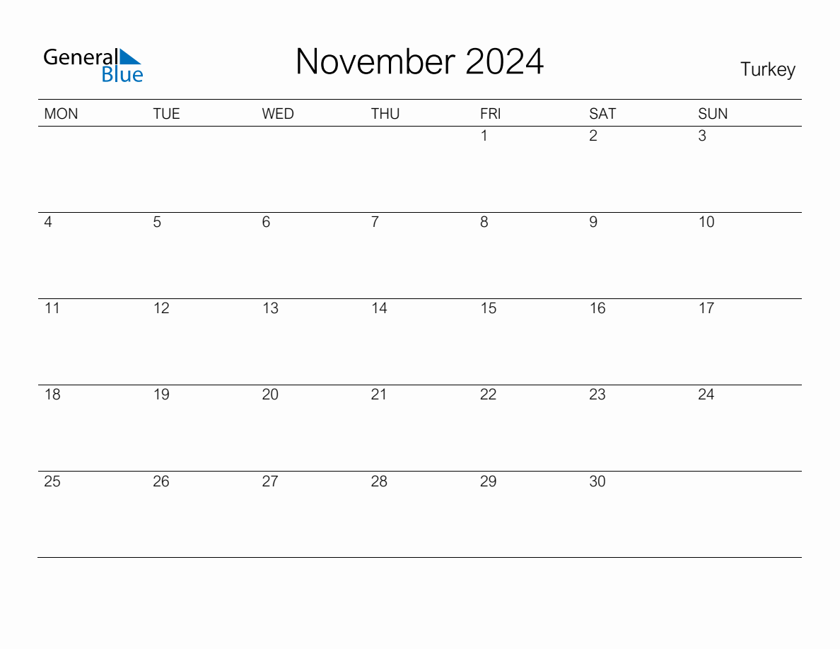 Printable November 2024 Monthly Calendar with Holidays for Turkey