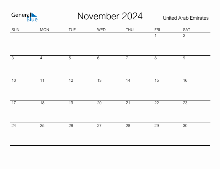 Printable November 2024 Calendar for United Arab Emirates