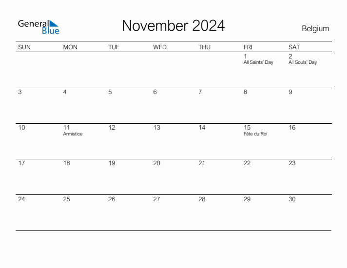 Printable November 2024 Calendar for Belgium
