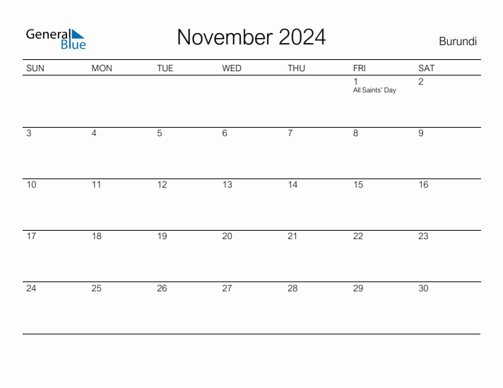 Printable November 2024 Calendar for Burundi