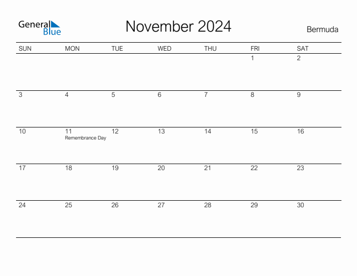 Printable November 2024 Calendar for Bermuda