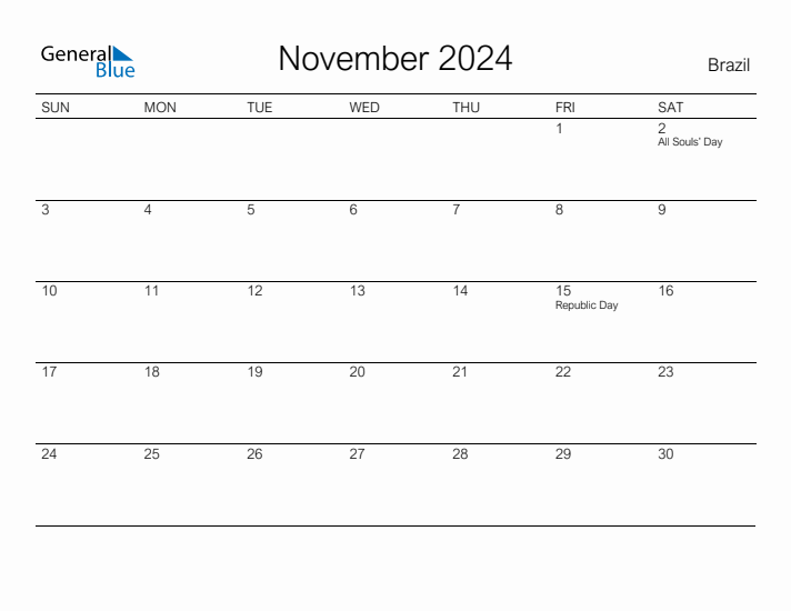 Printable November 2024 Calendar for Brazil