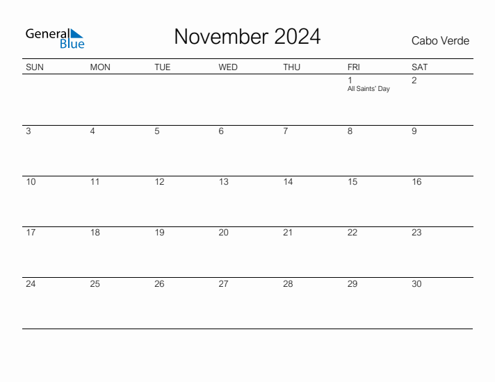 Printable November 2024 Calendar for Cabo Verde