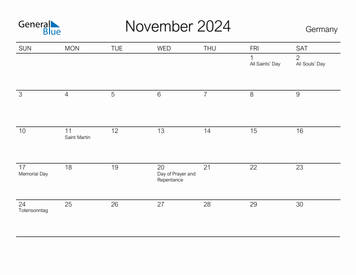 Printable November 2024 Calendar for Germany