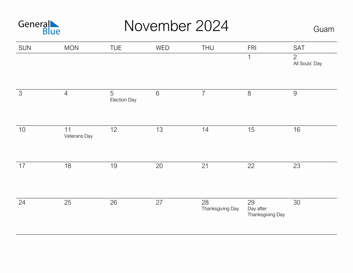 Printable November 2024 Monthly Calendar with Holidays for Guam