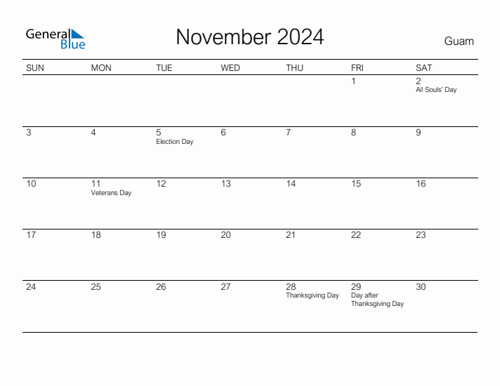 Printable November 2024 Calendar for Guam