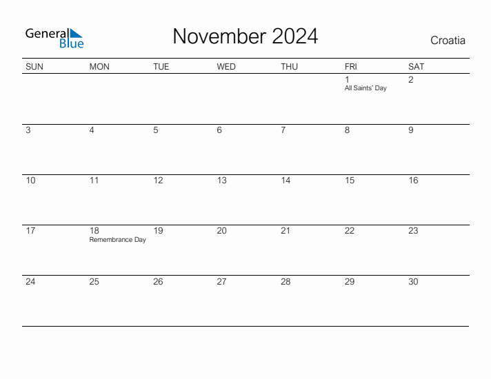 Printable November 2024 Calendar for Croatia