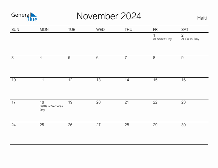 Printable November 2024 Calendar for Haiti
