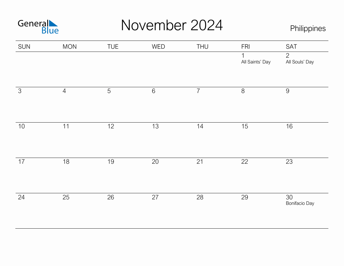 Printable November 2024 Monthly Calendar with Holidays for Philippines