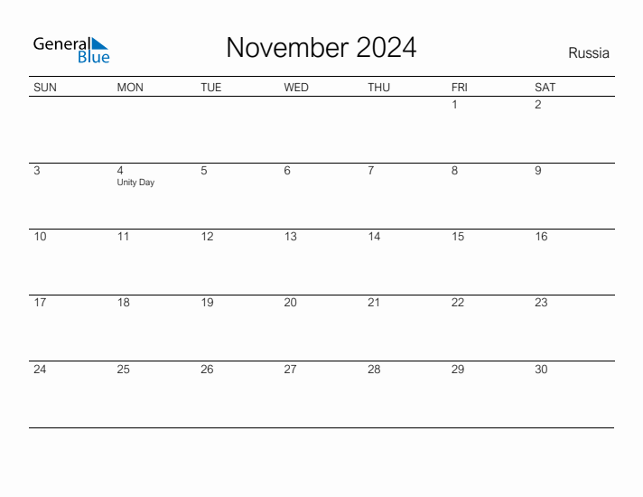 Printable November 2024 Calendar for Russia