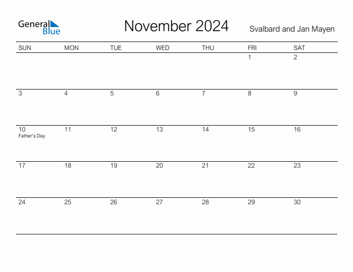 Printable November 2024 Calendar for Svalbard and Jan Mayen