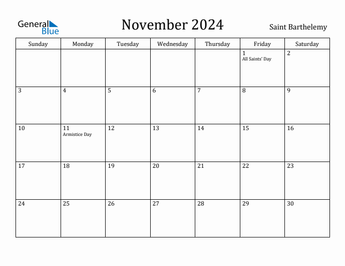 November 2024 Calendar Saint Barthelemy