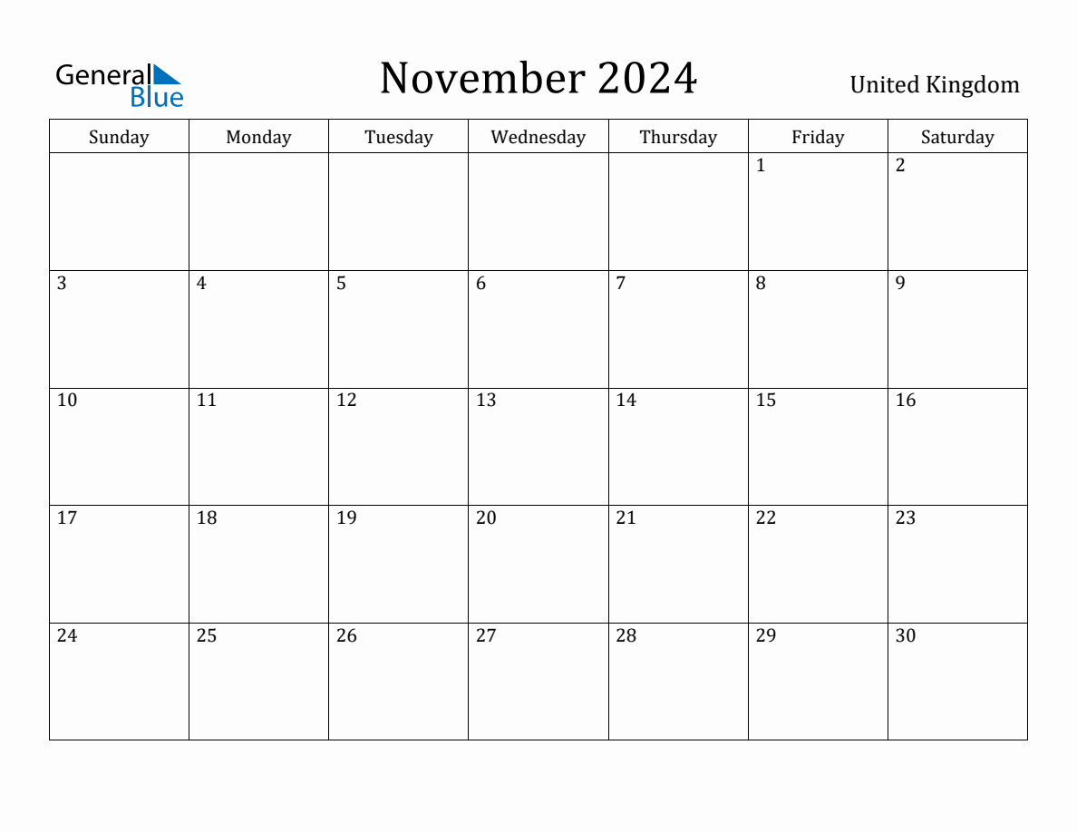 November 2024 monthly calendar with holidays in United Kingdom